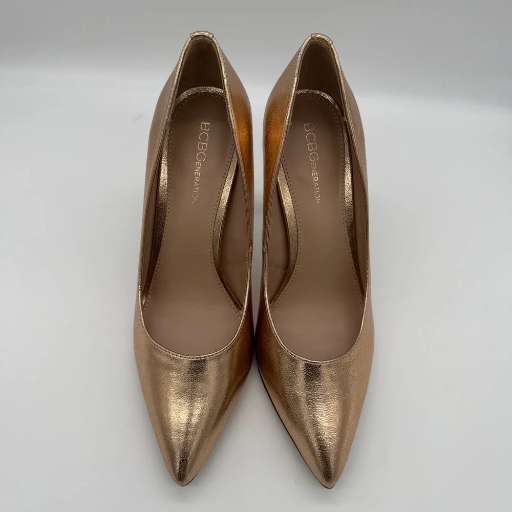 BCBGeneration Womens Rose Gold Metallic Pointed Toe Pump Heels 4.5 Inch Stiletto